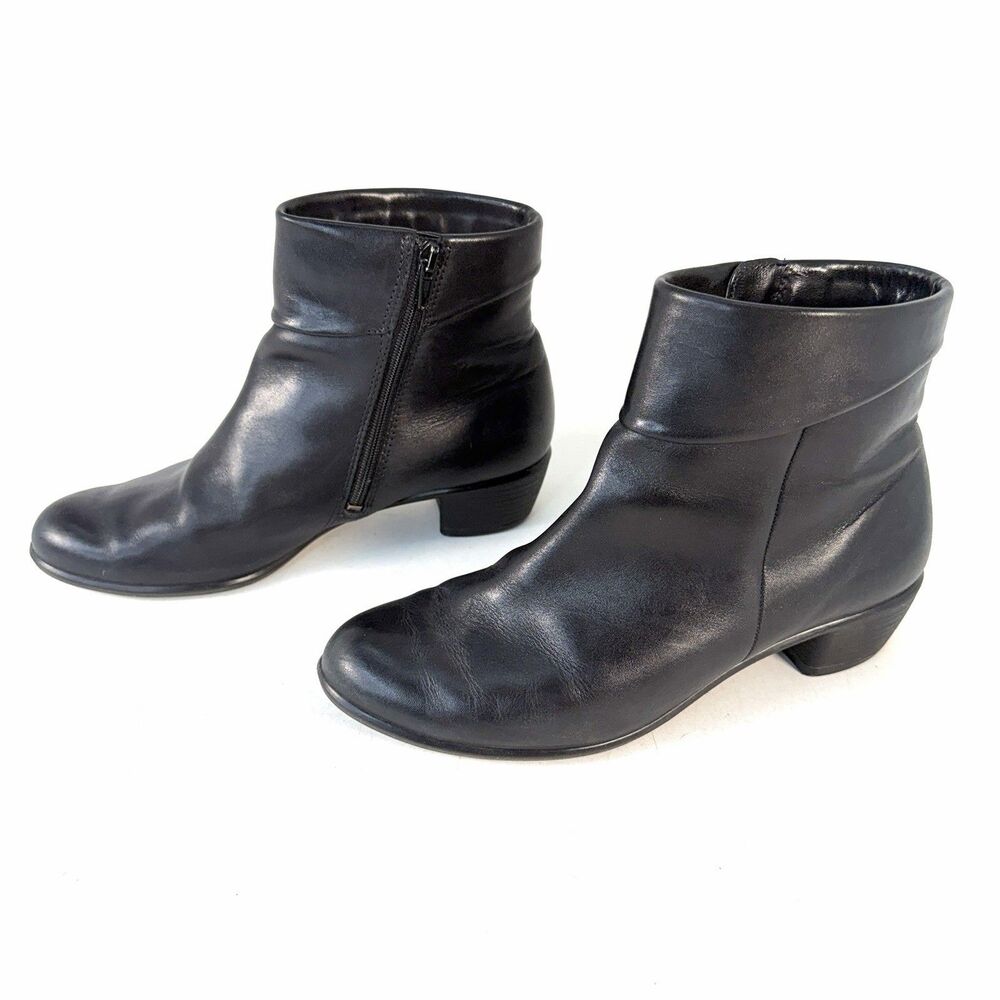 ECCO Touch 35 Fold Black Leather Side Zipper Ankle Boots Shoes US 8.5 EU 39